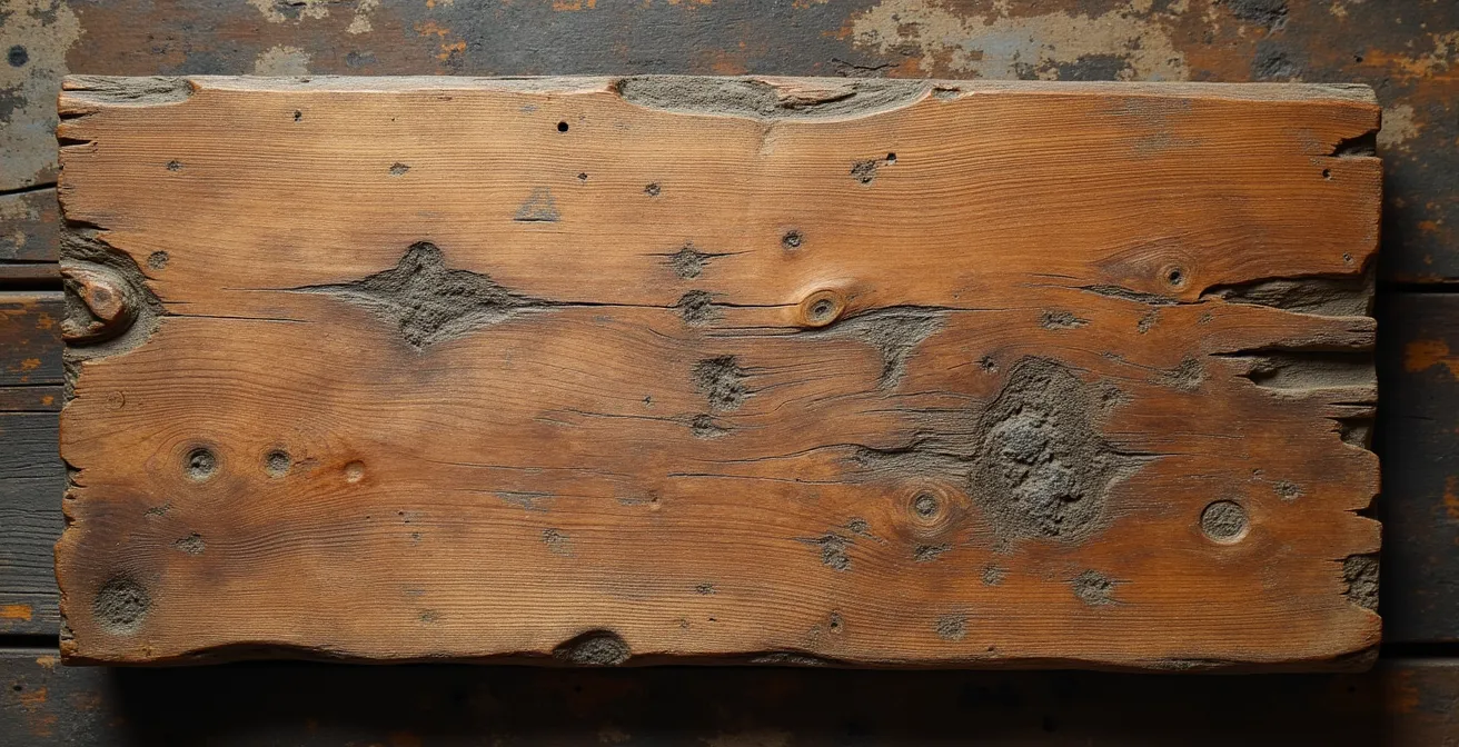 Gros plan couleur sur une charpente en bois ancien présentant des traces d'humidité et de moisissure