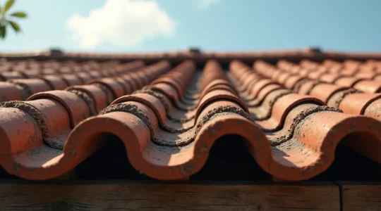 Vue réaliste d'une toiture en réparation sous un ciel clair avec mise en valeur des textures des tuiles et structure de charpente, cadrée selon la règle des tiers avec espace négatif