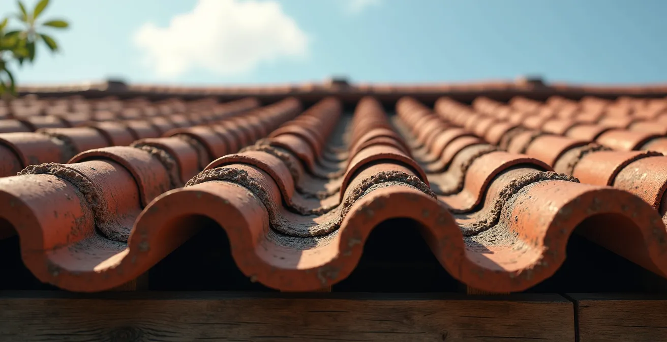 Vue réaliste d'une toiture en réparation sous un ciel clair avec mise en valeur des textures des tuiles et structure de charpente, cadrée selon la règle des tiers avec espace négatif