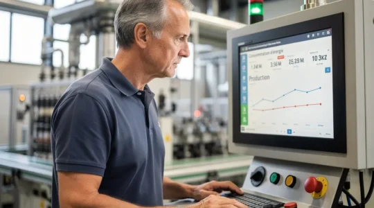 Dirigeant PME consultant données énergie dans atelier industriel