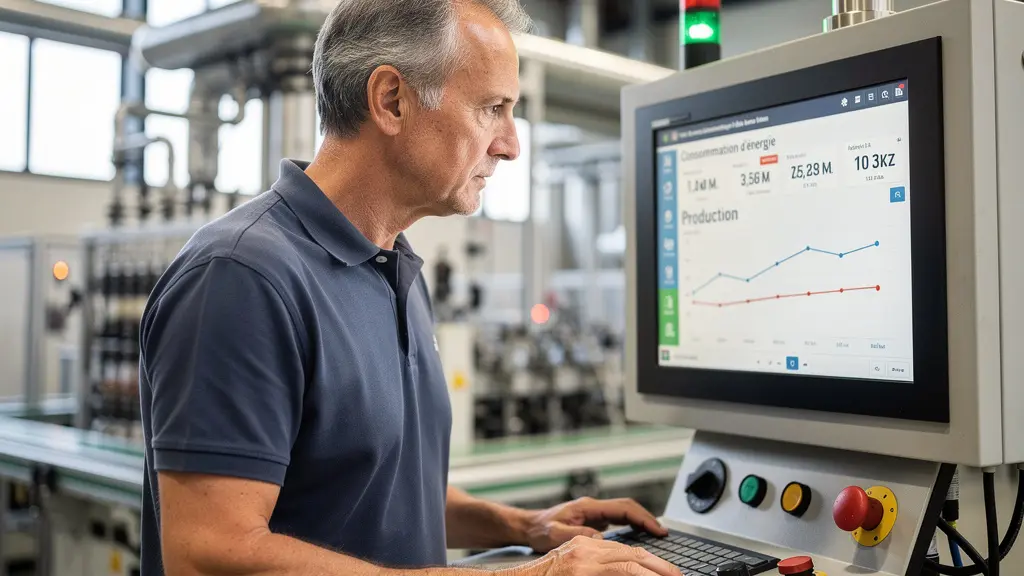 Dirigeant PME consultant données énergie dans atelier industriel