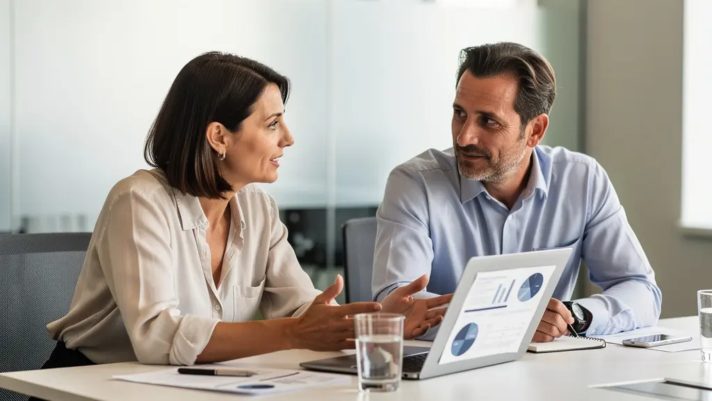 Consultante énergie et dirigeant en discussion collaborative en salle de réunion